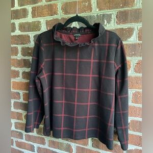 Ann Taylor Black and Red Windowpane Pullover Top with Wide Ruffled Neck